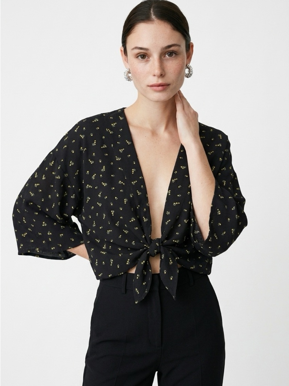 PINK ROSE | Black Yellow Tie-Front Floral Crop Top Kimono Sleeve Women’s Size M